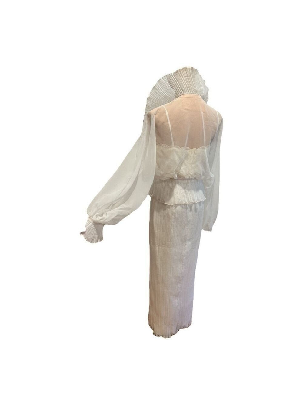 60s 2PC MAXI ETHEREAL WHITE DRESS W LACE BODICE MICRO PLEAT SKIRT & JACKET - Picture 7 of 17